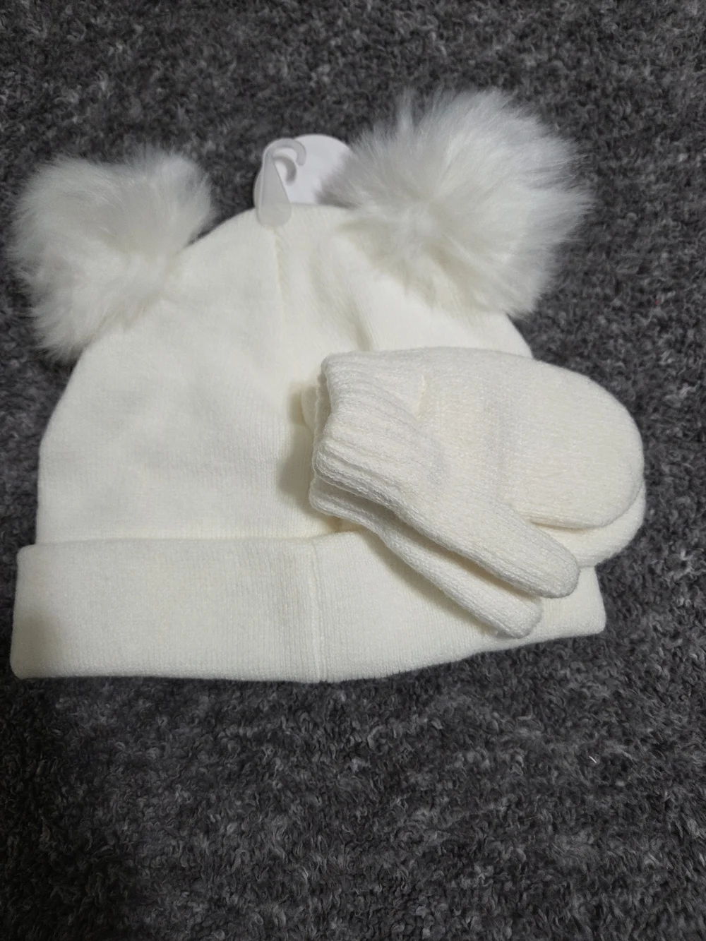 Kids White Pom Pom Beanie Hat with Turquoise Love Patch Matching Mittens